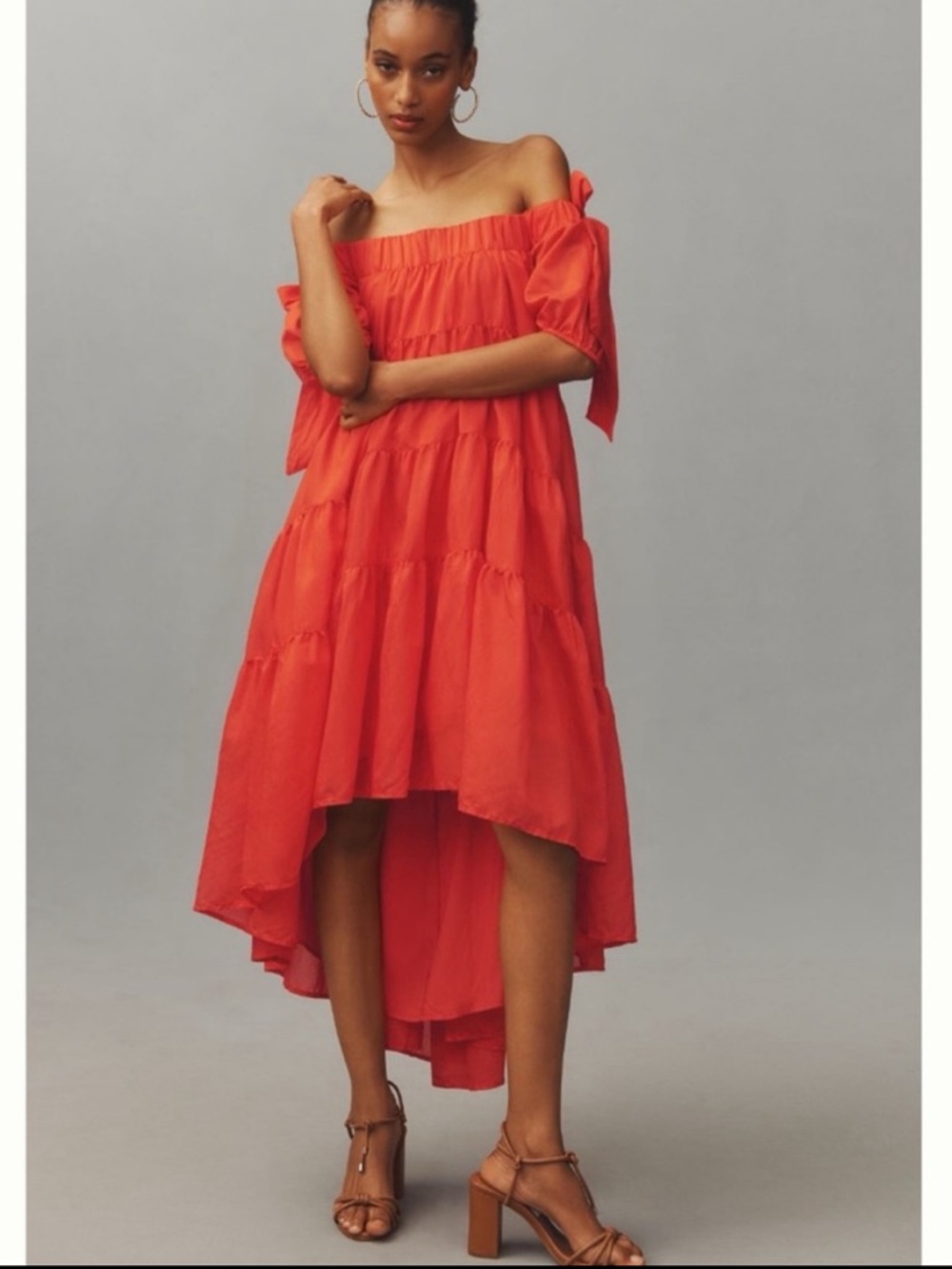 Anthro Off-The-Shoulder Silky look Tiered High-Low Wedding  Vacay Midi Dress, S